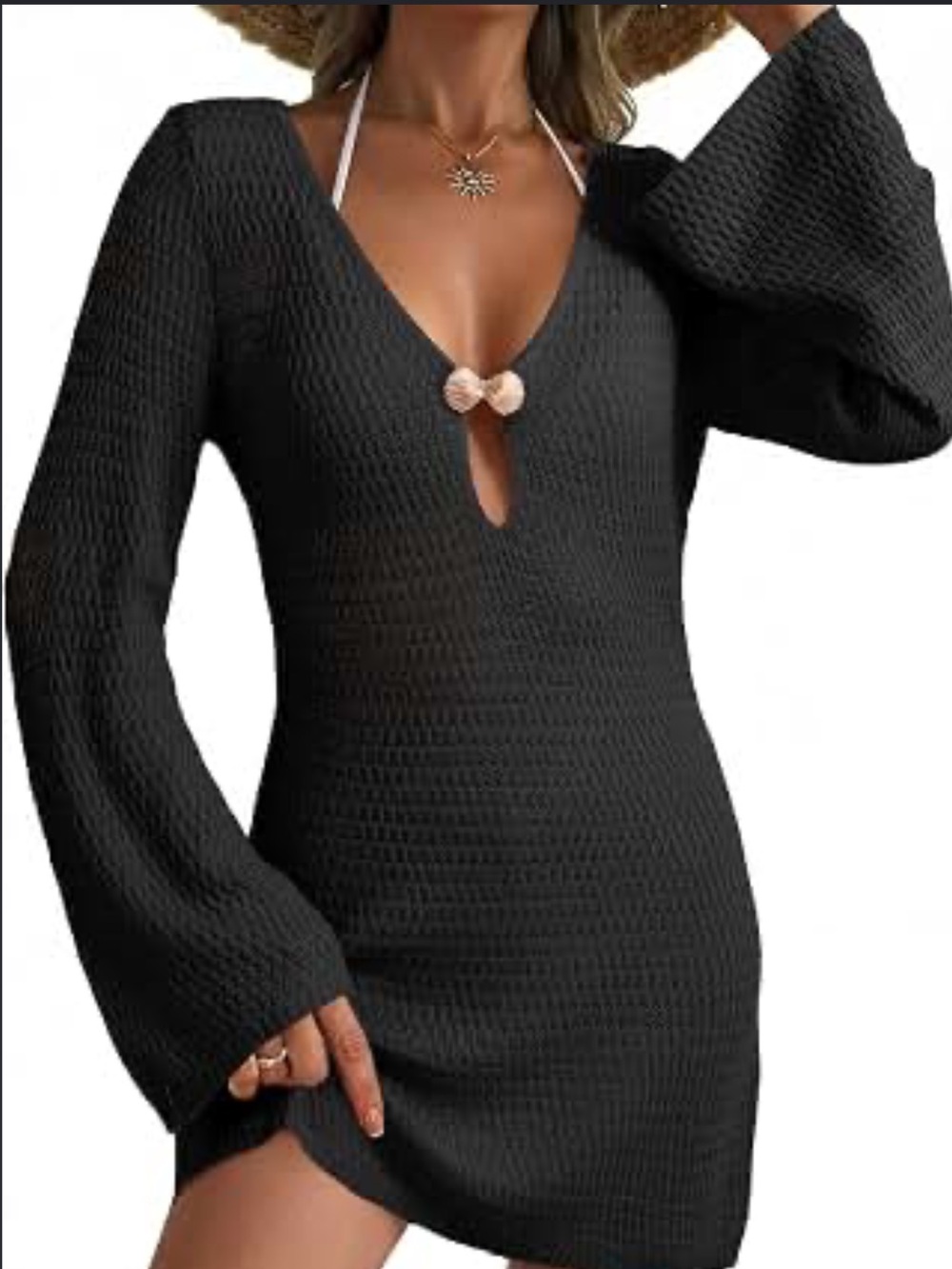 Womens Dokotoo Black Long Sleeve Cover-up with Gold Shell Accent